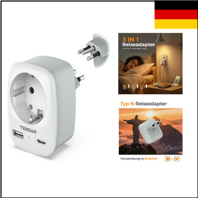 TESSAN Reiseadapter Brasilien 3 in 1 USB C USB A 2500W