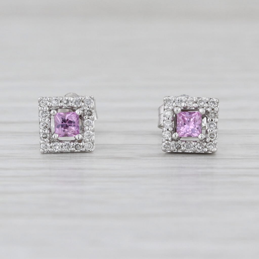0.36ctw Pink Princess Sapphire Diamond Halo Stud Earrings 14k White Gold Studs