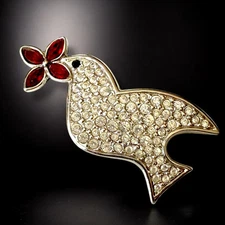 Swarovski Peace Dove Brooch Crystal Rhinestone Bird Red Flower Rhodium Vintage