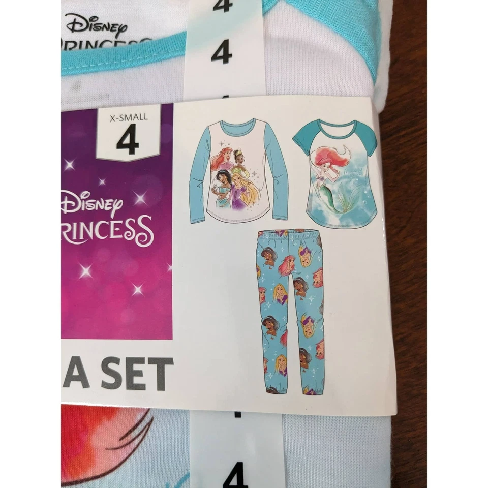 Disney Princess 3Pc Pajama Set XS 4 Ariel Tiana Rapunzel Little Mermaid Girls PJ - Image 2 of 4