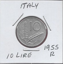 ITALIA 10 LIRE 1955R ARATRO UNC,DUE SPIGHE DI GRANO DIVISE PER VALORE,LETTERATURA;ABO