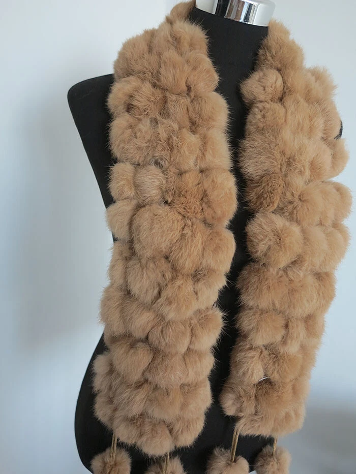 100% real rabbit fur pom poms scarf/ cape/ wrap camel color shawl neck wraps - image 2 of 4