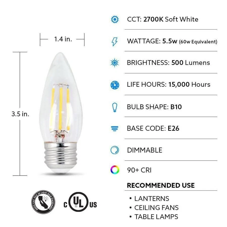 60-Watt Equivalent B10 Medium E26 Dimmable Filament Light Bulb 2700K (12-Pack) - Image 3 of 4