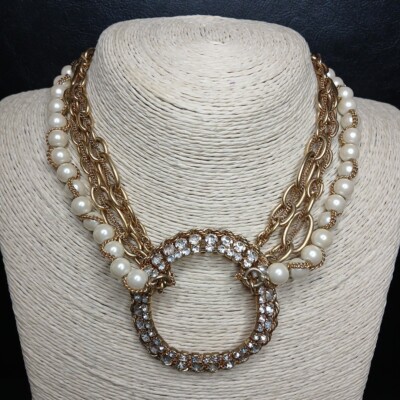 ABS By Allen Schwartz Statement Chain Necklace Faux Pearl And Rhinestone. 11085