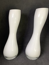 Pair Modern White Cased Art Glass Vases 11in Slanted Sculptural Scandinavian
