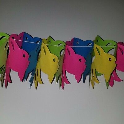 VTG Fish Paper Garland Green Yellow Pink Blue Amscan 10' Party Decor Fisherman