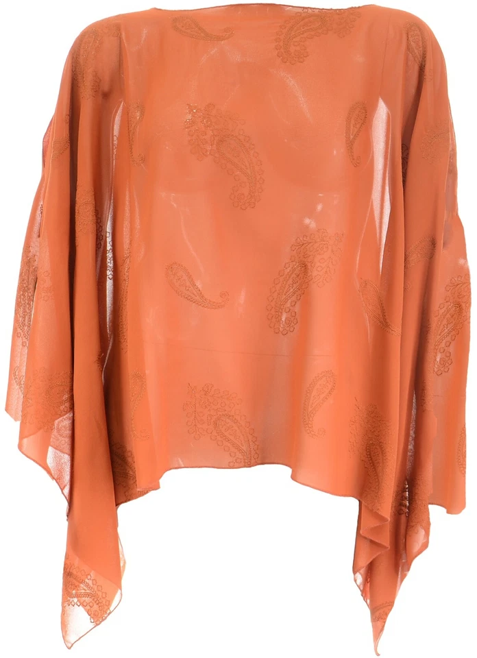 Womens Orange Rust Embroidered Poncho Kaftan Top Ladies One Size Plus Size - Image 2 of 4