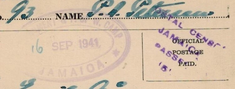 Jamaica WWII 1941 POW Postcard w/H2, Unboxed #5 & INTERNMENT CAMP OVAL VIOLET - Image 2 of 3