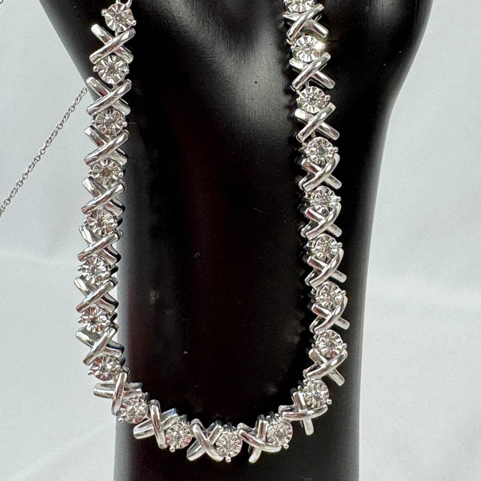 925 .5 ct Diamond X's & O's Hugs And Kisses Necklace 18" - 20" Sterling Silver