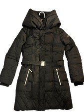 Kenzie Womens Hooded Coat Size Xs Black Belted Zip Pockets Knit Rib Collar Cuff