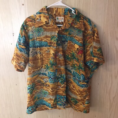 Waikiki 76 Vintage Mens Large Hawaiian Aloha Shirt Yellow Green Palm Trees