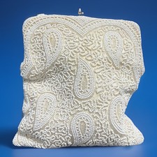 Ivory Bead Evening Clutch Purse Paisley Beaded Formal Handbag Vintage White M