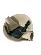 HILBORN ART POTTERY Canada Signed Handmade Folded Edge Bowl-Cream w/ Blue&Green