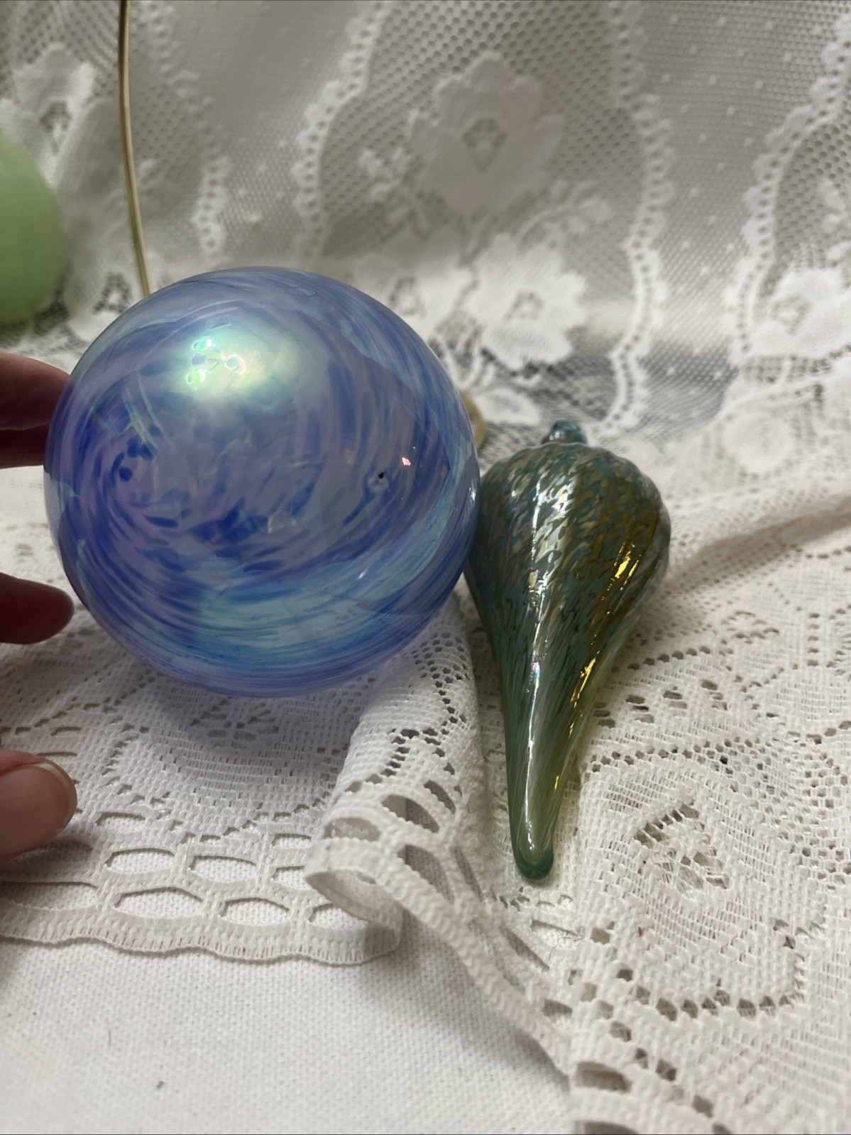 Hand Blown Glass Orb Witch Ball Sun Catcher Ornament  Poland Iron Art Blue Lot 2
