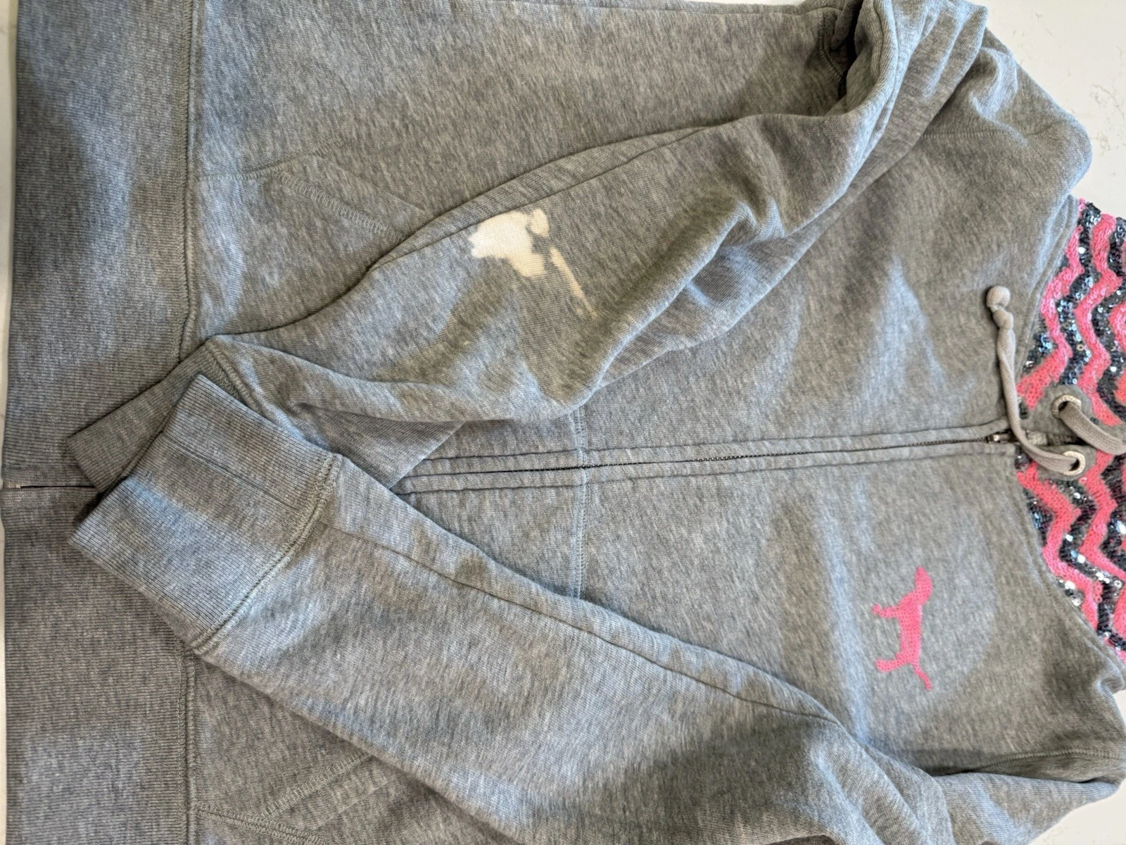 UNDERCOVER Victoria's Secret ROSA Felpa con Cappuccio Zig Zag Chevron Rosa Paillettes Bling Grigio Zip Up XS