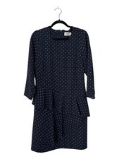 Eliza J Peplum Dress Size 10 Navy Polka Dot Tiered Ruffle 3/4 Sleeve Knee Length
