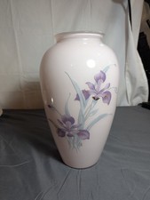 Vintage 1980s Pink Glass Vase with Hand Painted Flowers 12.5 in Tall Signed