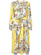 Tory Burch Lovely Quilted Yoke Silk Midi Dress Yellow / Multi Floral Pockets 4
