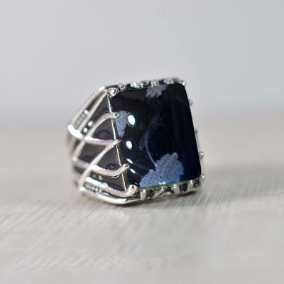 Solid 925 Sterling Silver AA Snowflake Obsidian Gemstone Gift Men's Unisex Ring