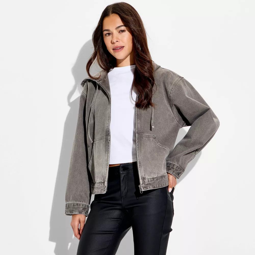 Women's Hooded Zip-Up Denim Jacket - Wild Fable Gray Wash L