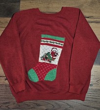 Hanes Her Way Christmas Sweatshirt XL Vintage Red Stocking Applique Made USA