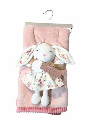 Chick Pea Floral Bunny Pink Ribbed Trim Lovey Blanket Set 30'' X 36'' NEW