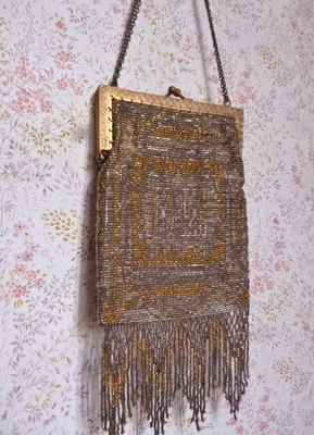 Antique/vintage micro steel bead handbag/bag/ sac à main 20s 1920/FLAPPER DECO - Photo 1/4
