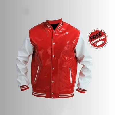 Men's Red White Vinyl Varsity Jacket PVC Leather Letterman Gothic Baseball Coat