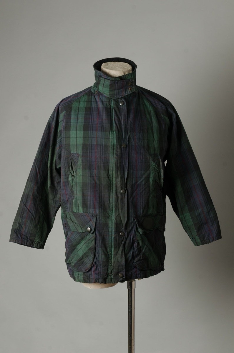Vtg 90s Burberry Waxed Cotton Black Watch Tartan Hunting Jacket
