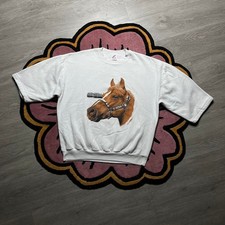 Vintage 90  s Horse Graphic Logo S/S Crewneck Sweatshirt Size XL White