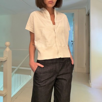 Norma Kamali Collared Cropped Zip Front Sweatshirt White Size L