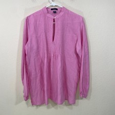 CHAPS Linen Tunic Top Women’s L Pink Long Sleeve Keyhole Front Preppy Coastal