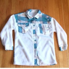 Womens Plaid Flannel Fleece Sherpa Shirt Jacket Teal White Brown Size L