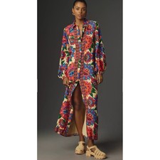 Farm Rio x Anthropologie Long-Sleeve Button-Front Midi Dress Tropical Floral XXS