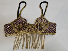 Belly Dancer Top Bra Sequined Gold  Purple Hook  Latch 28" B/C Cup