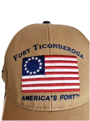 USA Flag Hat Patriotic MAGA Fort Ticonderoga Khaki Adj Strap Back Cap - Afbeelding 1 van 8