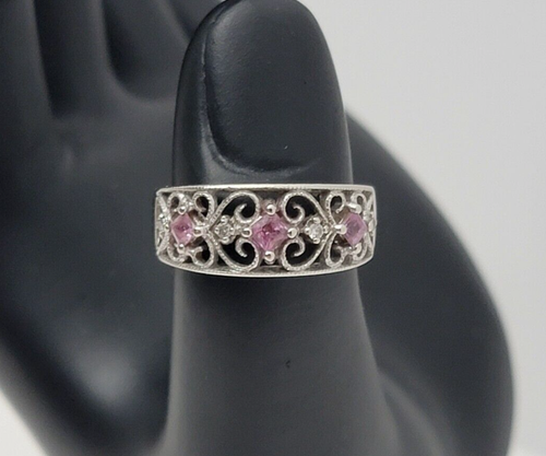 14k White Gold Filigree Pink Sapphire and Diamond Ring size 6.5 - 第 1/19 張圖片