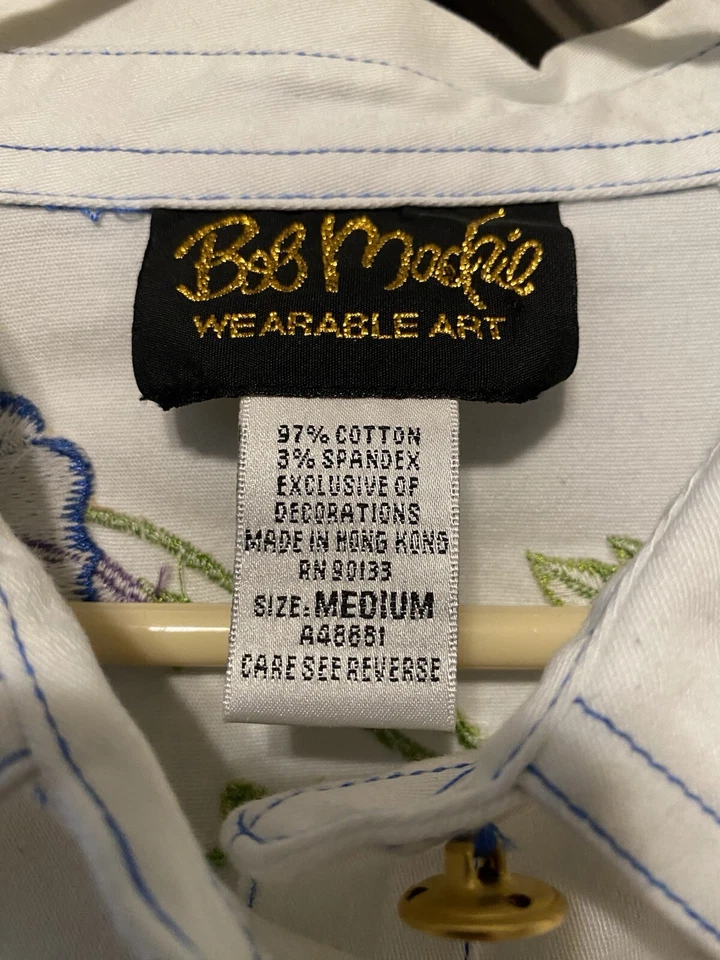 Chaqueta Jeans Bob Mackie Usable Art Morning Glory Bordada M Blanco Azul Foto 2 de 4