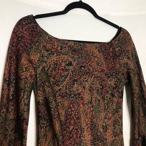 VTG Lauren Ralph Lauren Fairy Silk Paisley Bell Sleeve Dress Small Brown Forest - Picture 5 of 16