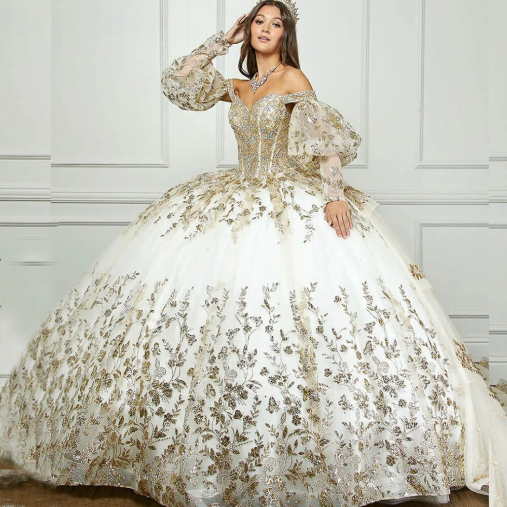 Ivory Quinceanera Dresses Ball Gown Gold Applique Tiered Puffly Sleeve  Sweet 16 | eBay