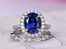 2Ct Oval Lab-Created Sapphire Bridal Set Engagement Ring 14K White Gold Finish