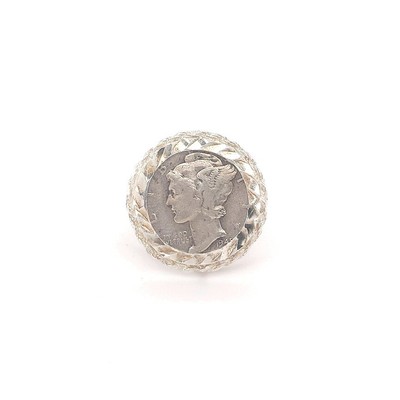 QUECKSILBER DIME 1945 D RING GRÖSSE 8 MIT DIAMANTSCHLIFFEN SEILLÜNETTE STERLINGSILBER