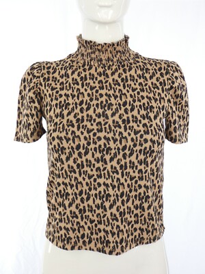 Zara Leoparden Bluse Gepard Print Oberteil hochgeschlossen Kurzarm elegant Gr. S