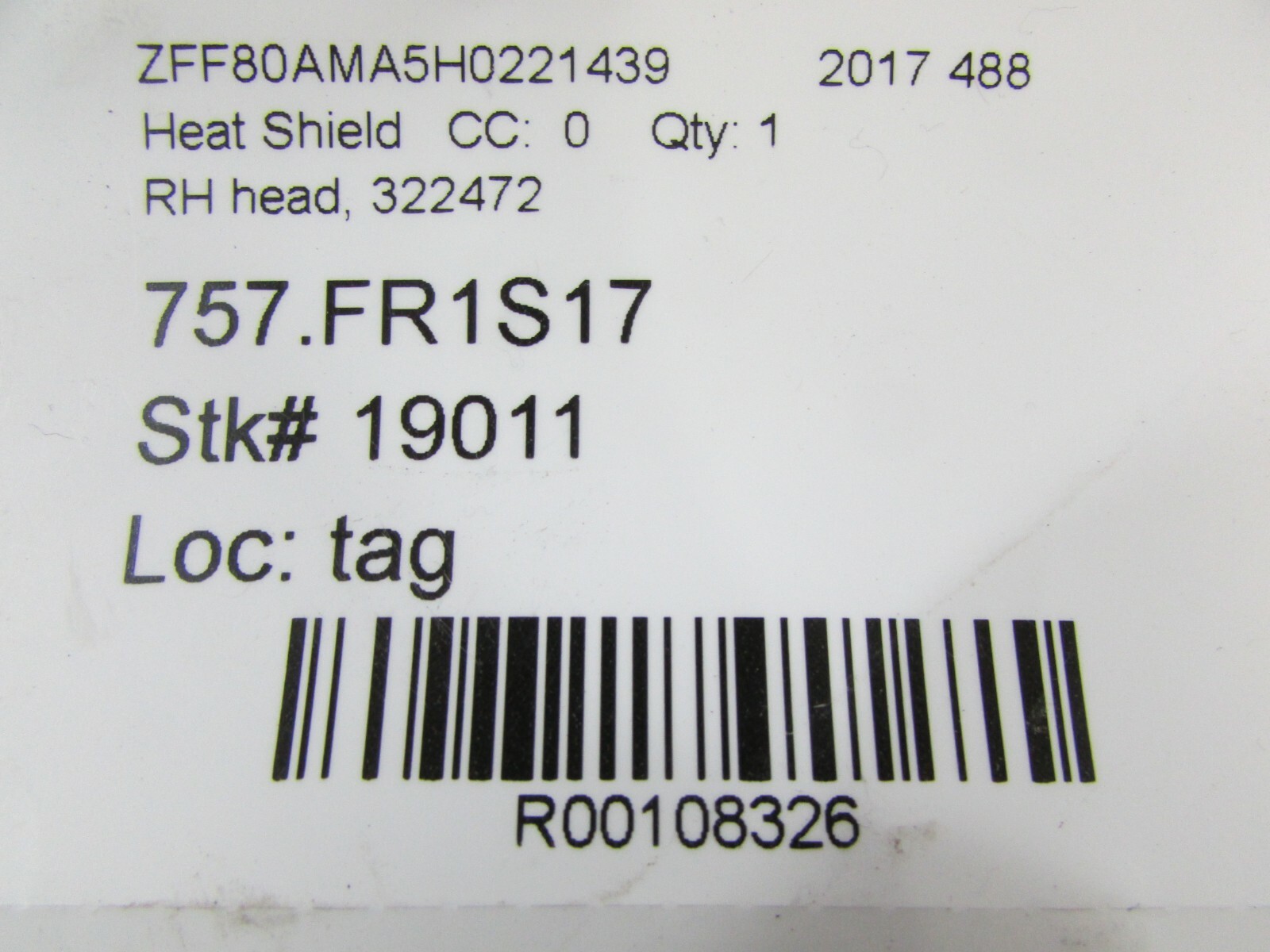 Ferrari 488, RH, Right Head Heat Shield, Used, P/N 322472