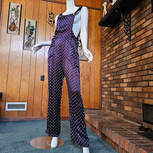 Vintage 90s Preppy Punk Betsey Johnson Wide Leg Palazzo Bib Overalls Jumpsuit S - Picture 2 of 9