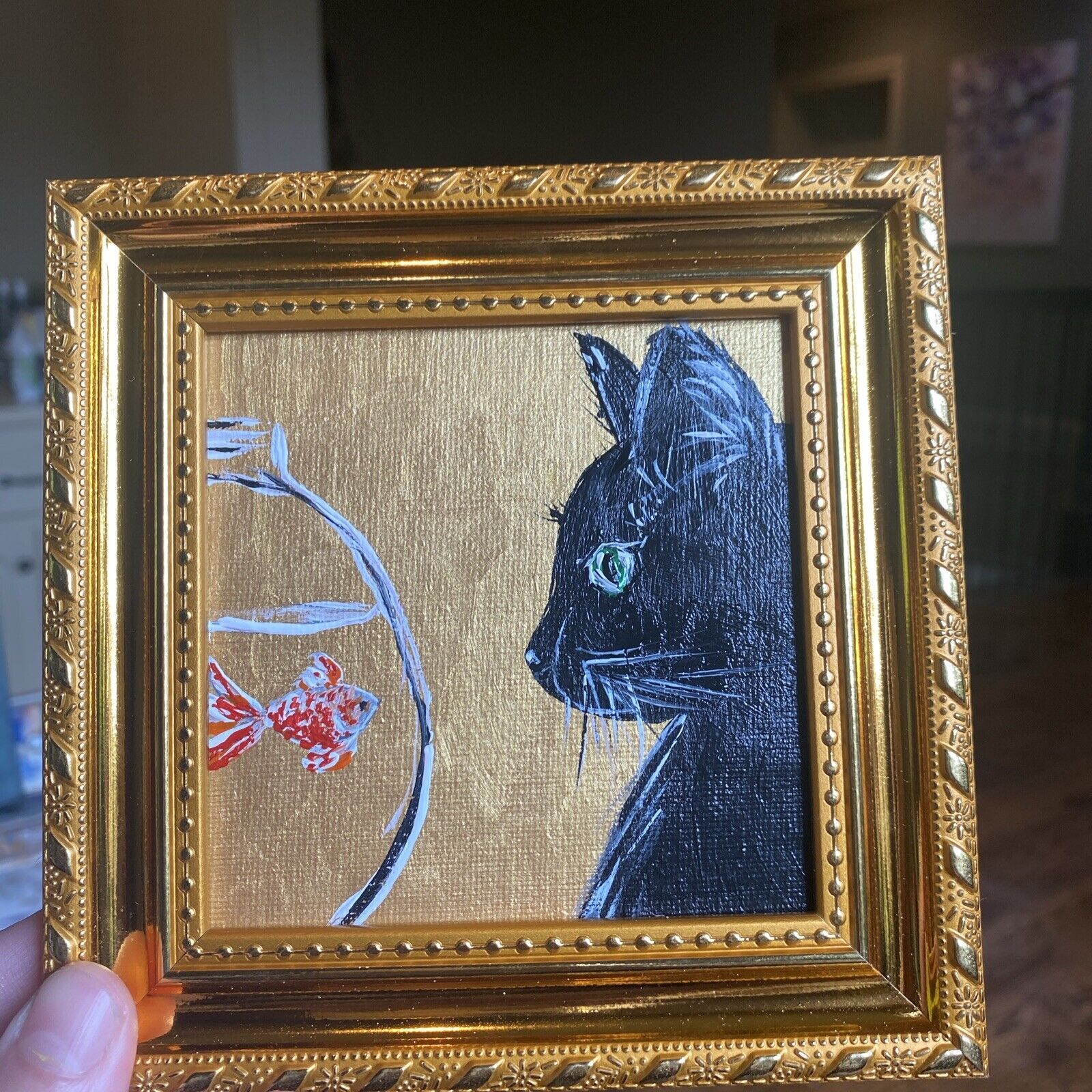 Cat Fish Original Painting On Canvas Board 4/4 animals,artwork,mini,small,framed