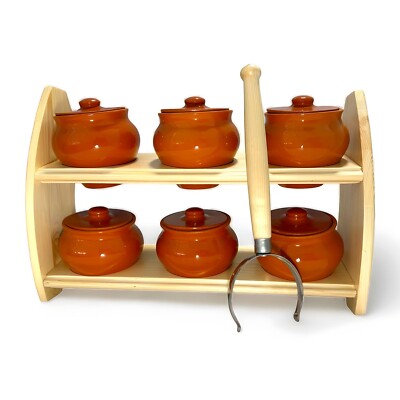 6 Baking Stewing Stoneware Clay Cooking Pots w/Oven Fork on Wooden Shelf