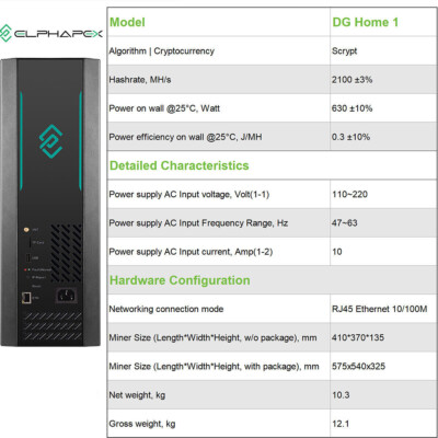 ElphaPex DG Home 1 Scrypt Miner – 2100 MH/s @ 630 W – LTC & DOGE