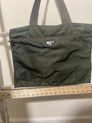 プラダ Prada Dark Green And Brown Nylon Hand Shoulder Tote Bag, Great