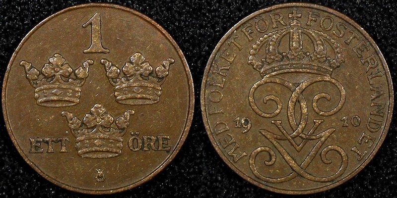 SWEDEN Gustaf V Bronze 1910 1 Öre Better Date UNC KM# 777.2 (24 094)